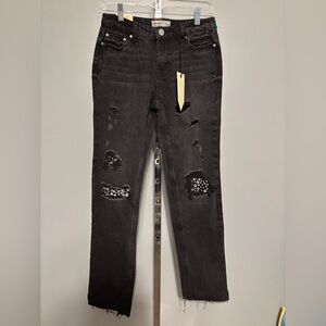 Ban-Jara Black straight leg mid rise rhinestones embellished distressed 1/24 NWT